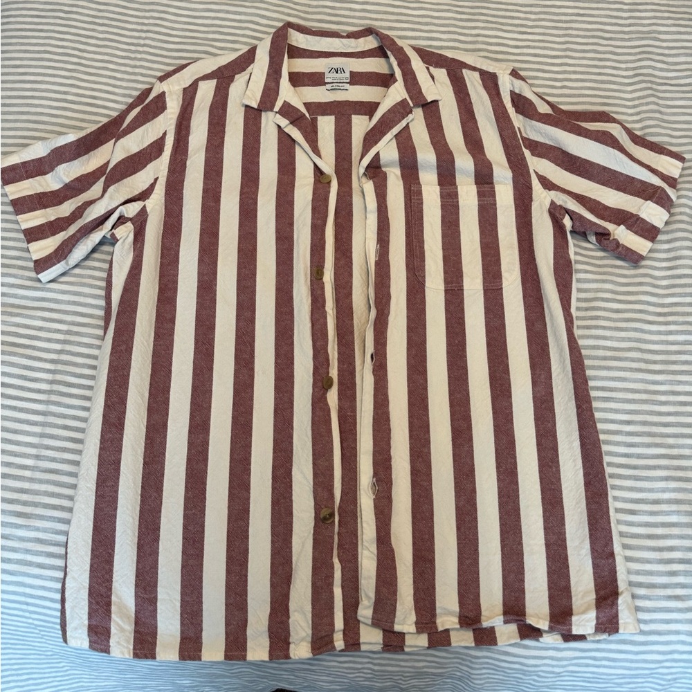 Men’s Short Sleeve Button Down XL Red White Stripe